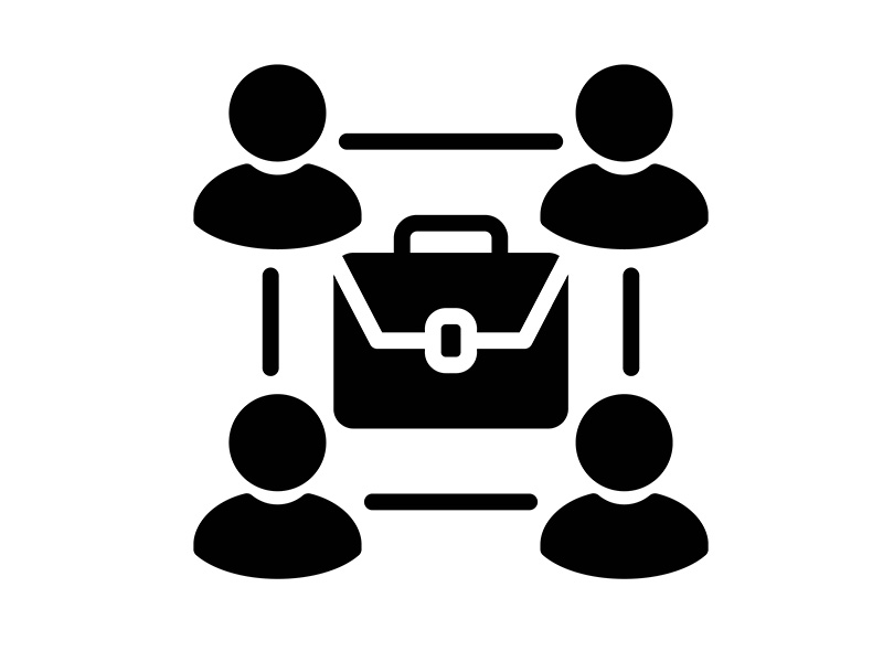vector icon of four silhouettes surrounding a briefcase.